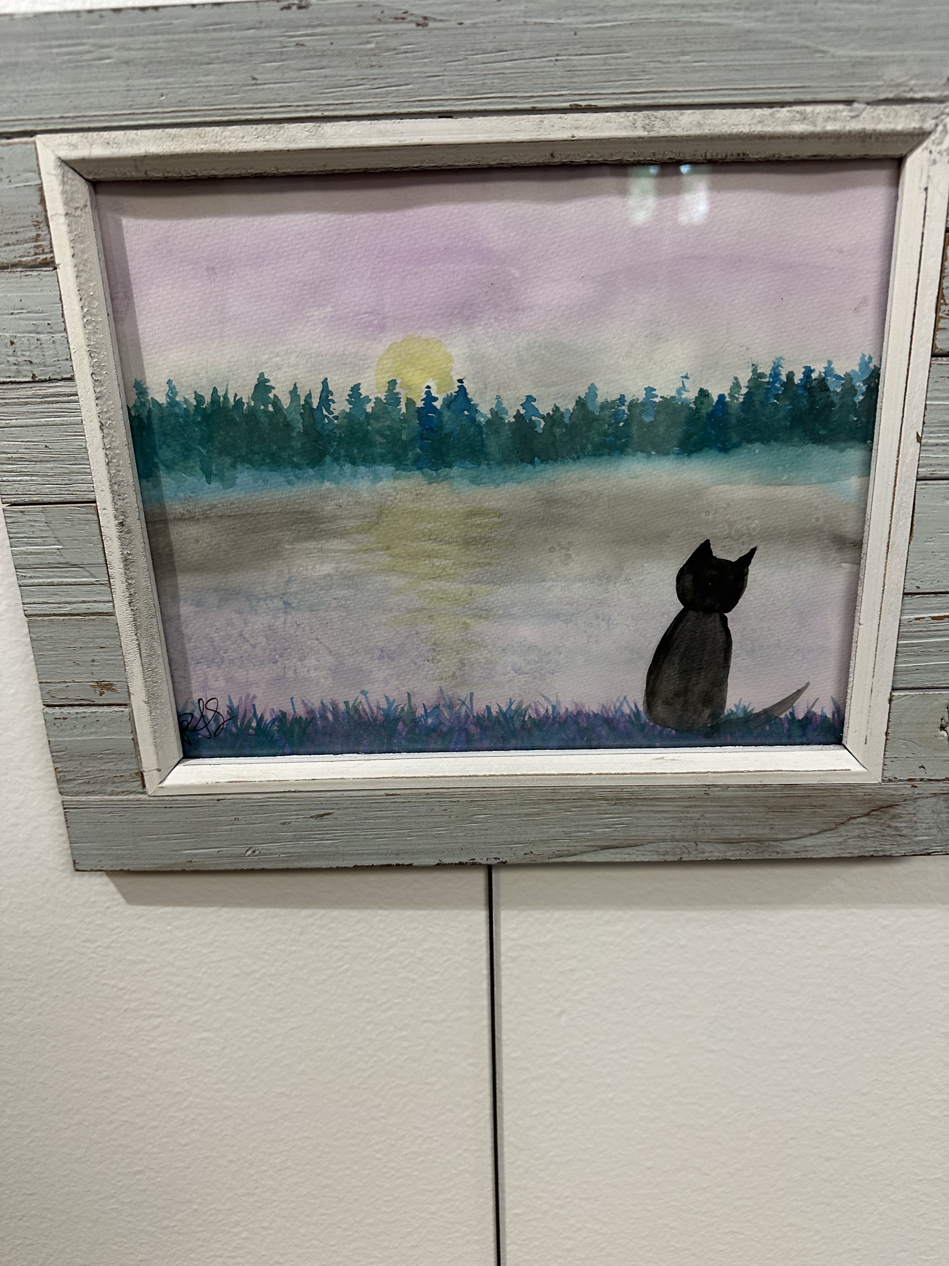 black cat, sunrise, trees, water